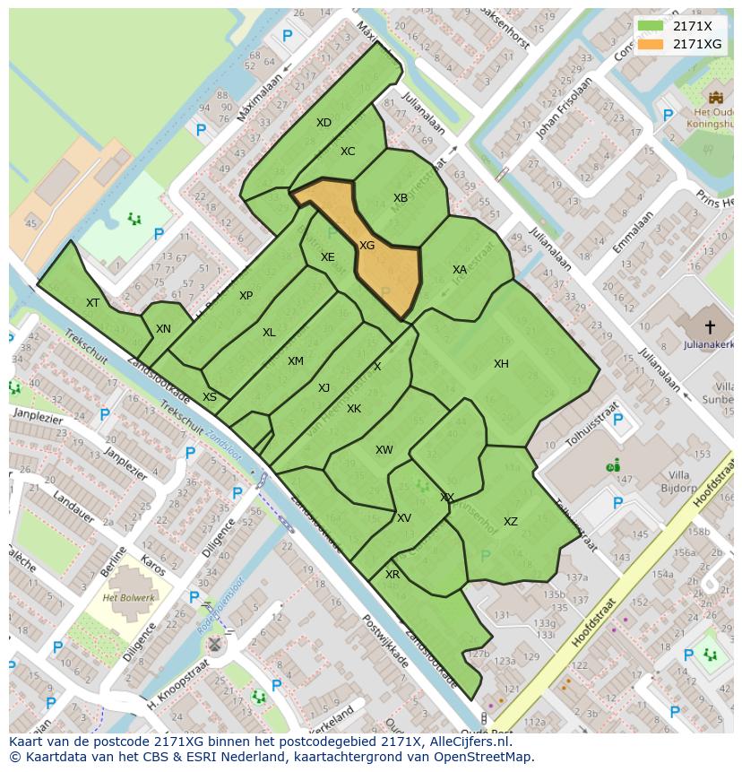 Afbeelding van het postcodegebied 2171 XG op de kaart.