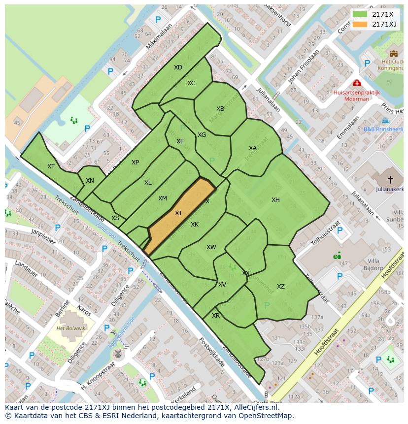 Afbeelding van het postcodegebied 2171 XJ op de kaart.