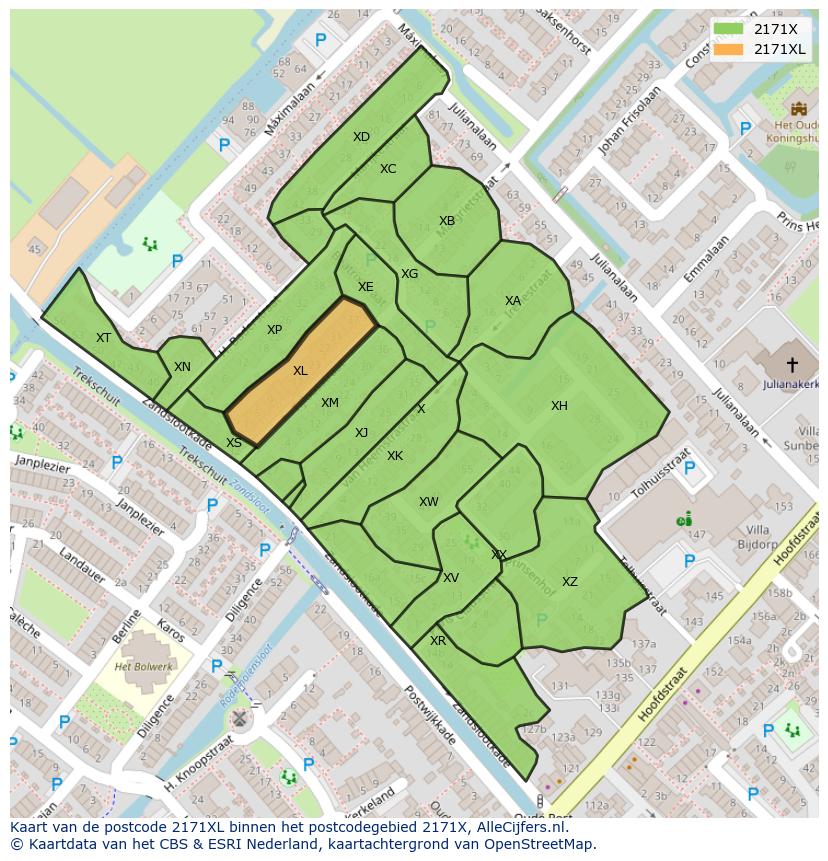 Afbeelding van het postcodegebied 2171 XL op de kaart.