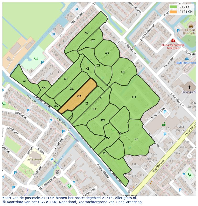 Afbeelding van het postcodegebied 2171 XM op de kaart.