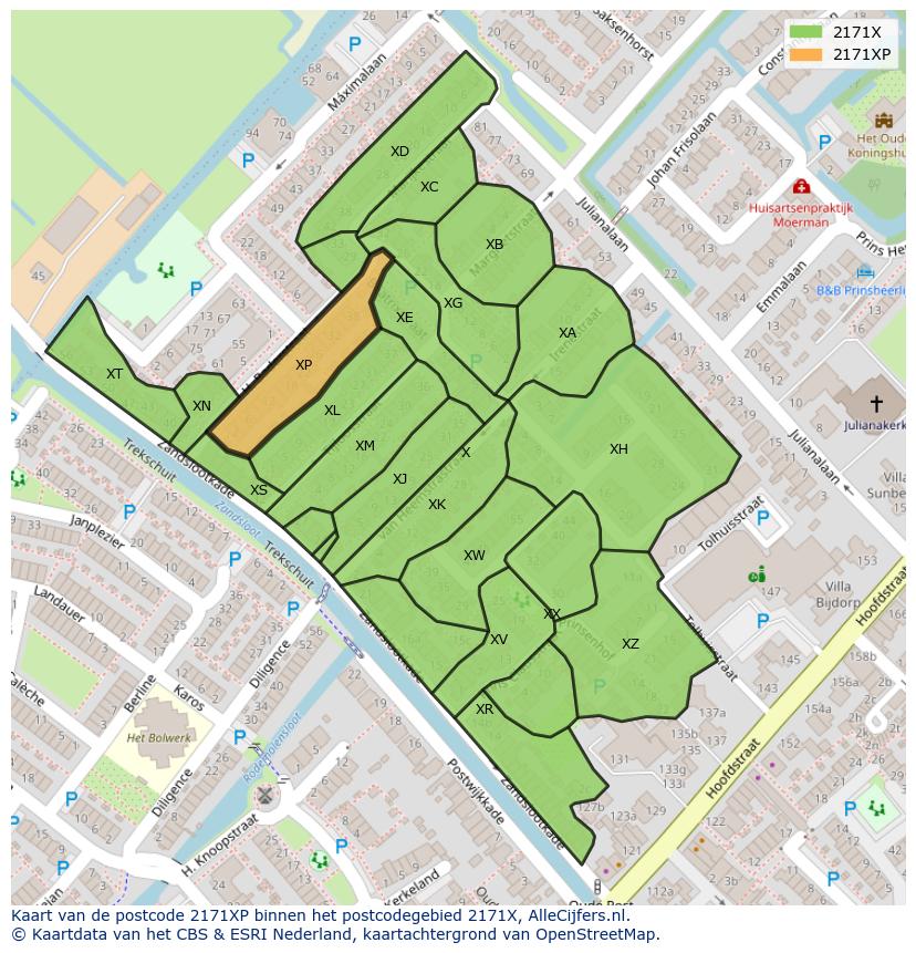 Afbeelding van het postcodegebied 2171 XP op de kaart.