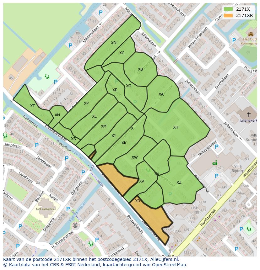 Afbeelding van het postcodegebied 2171 XR op de kaart.