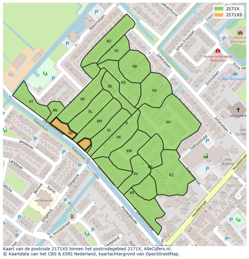 Afbeelding van het postcodegebied 2171 XS op de kaart.