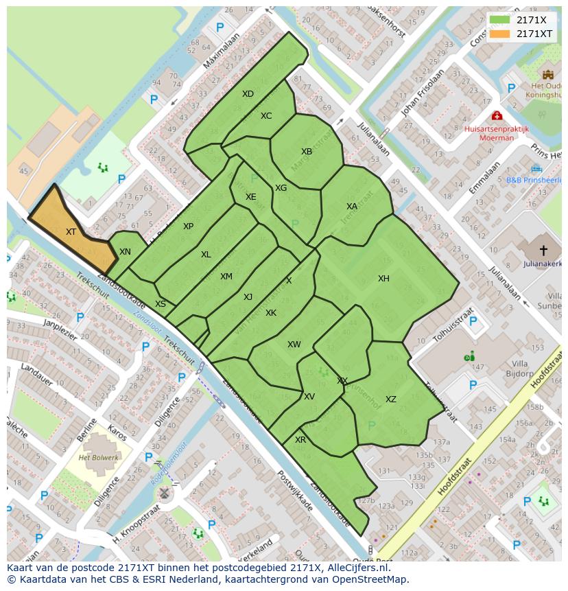 Afbeelding van het postcodegebied 2171 XT op de kaart.