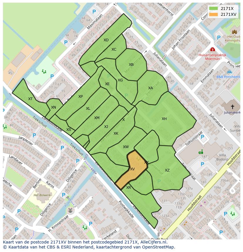 Afbeelding van het postcodegebied 2171 XV op de kaart.