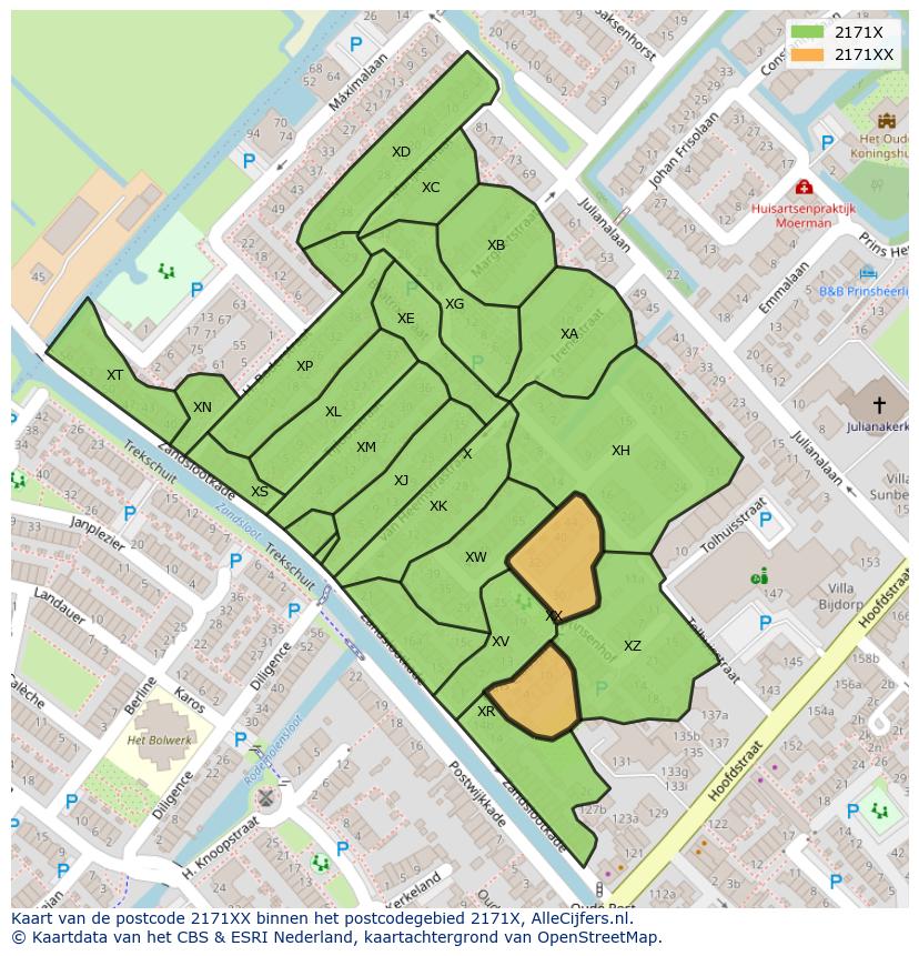 Afbeelding van het postcodegebied 2171 XX op de kaart.