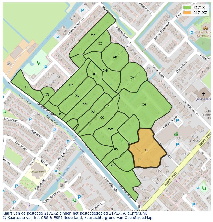 Afbeelding van het postcodegebied 2171 XZ op de kaart.