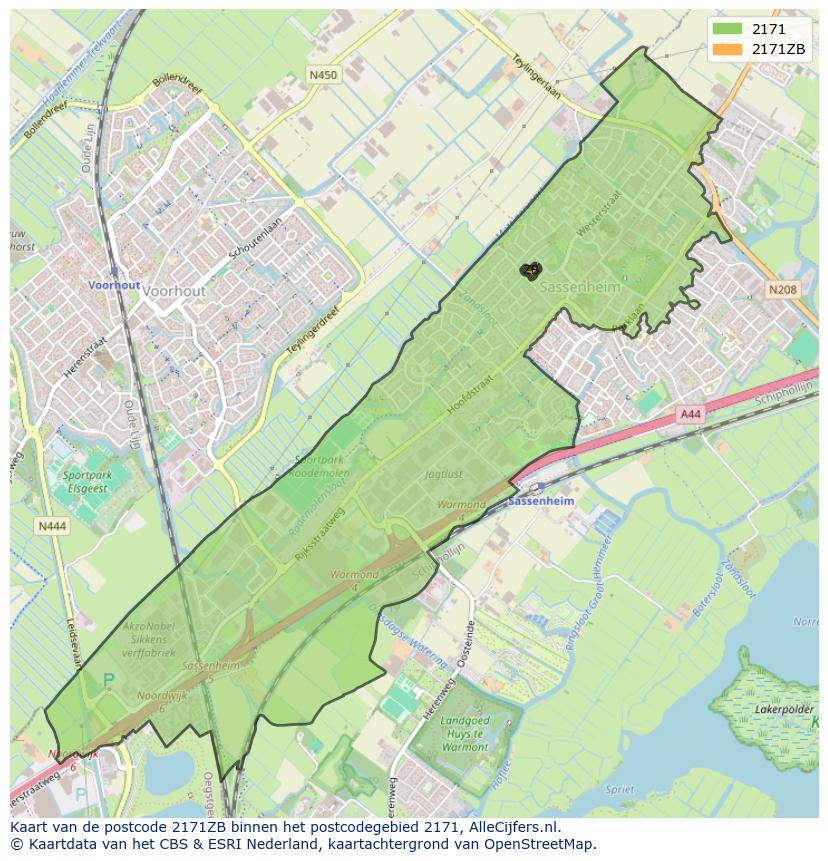 Afbeelding van het postcodegebied 2171 ZB op de kaart.