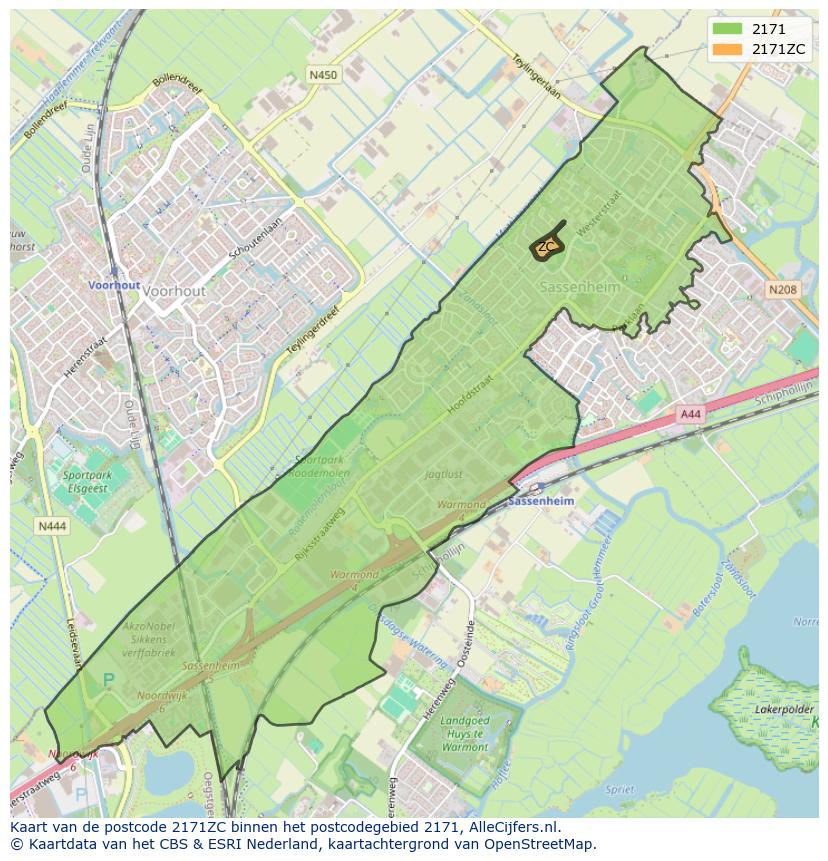 Afbeelding van het postcodegebied 2171 ZC op de kaart.