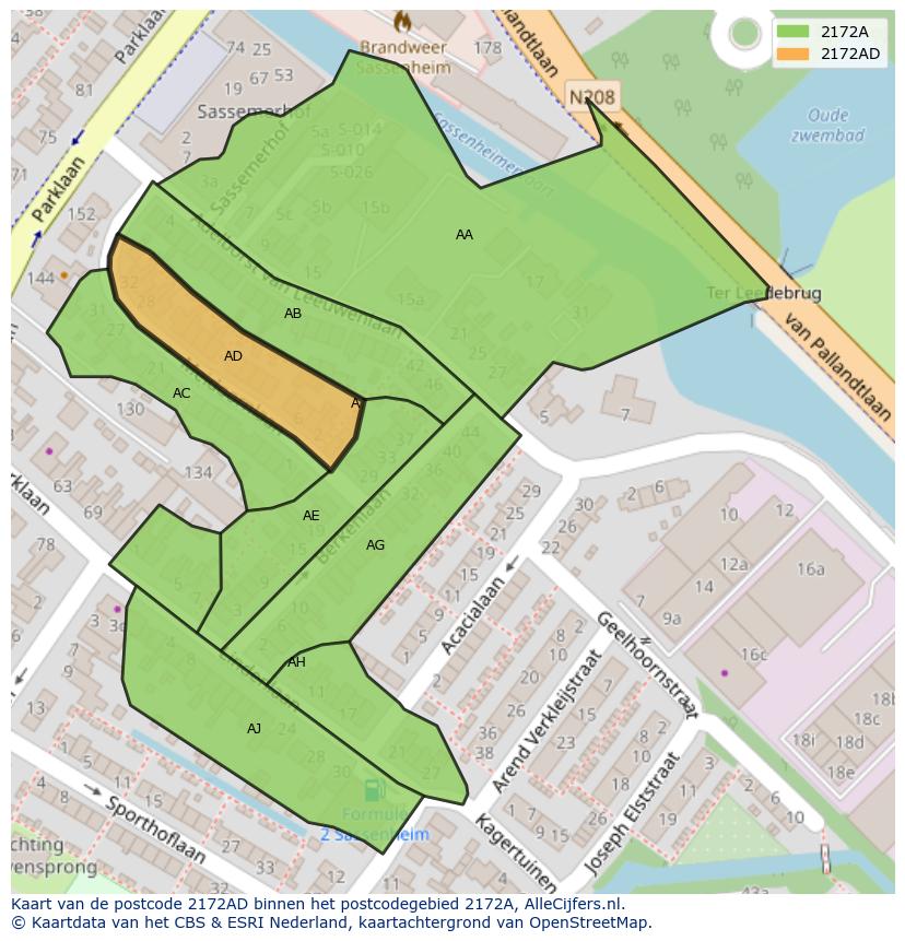Afbeelding van het postcodegebied 2172 AD op de kaart.