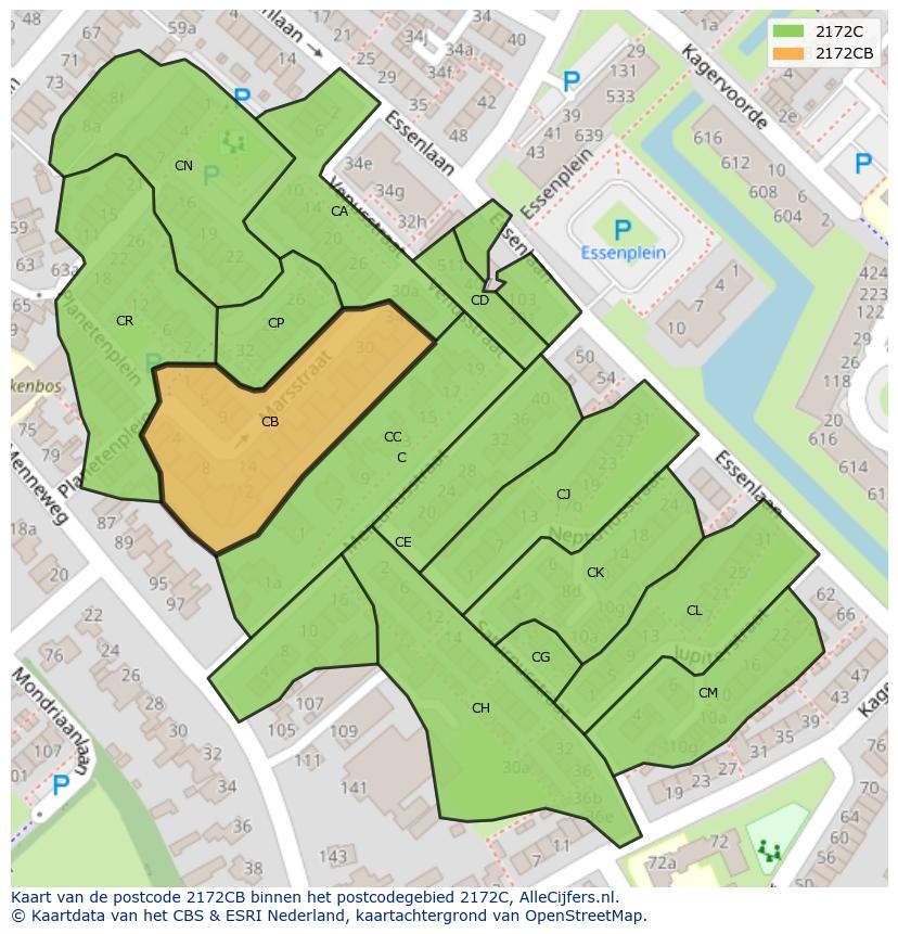 Afbeelding van het postcodegebied 2172 CB op de kaart.