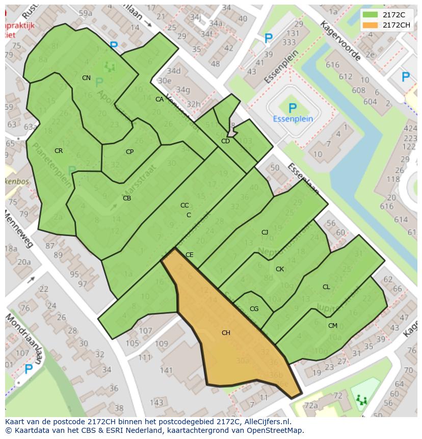Afbeelding van het postcodegebied 2172 CH op de kaart.