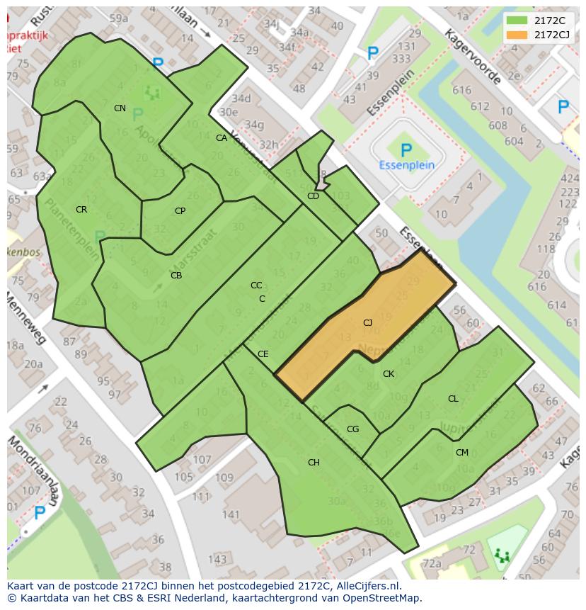 Afbeelding van het postcodegebied 2172 CJ op de kaart.