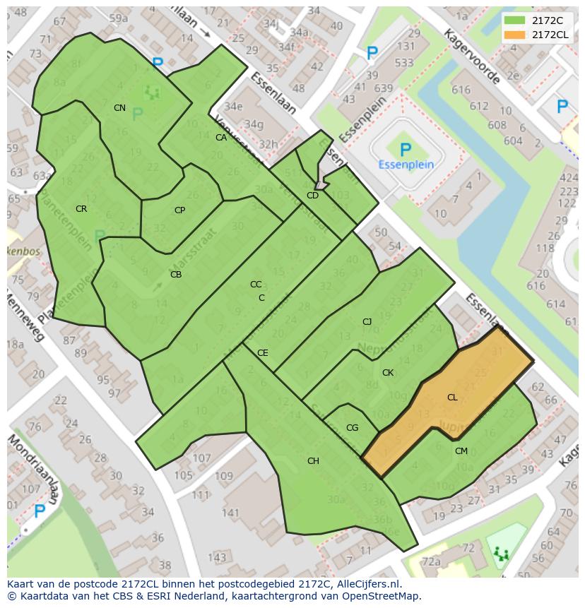 Afbeelding van het postcodegebied 2172 CL op de kaart.