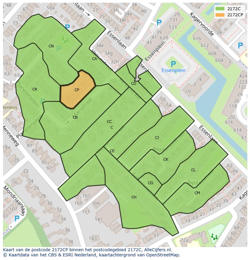 Afbeelding van het postcodegebied 2172 CP op de kaart.