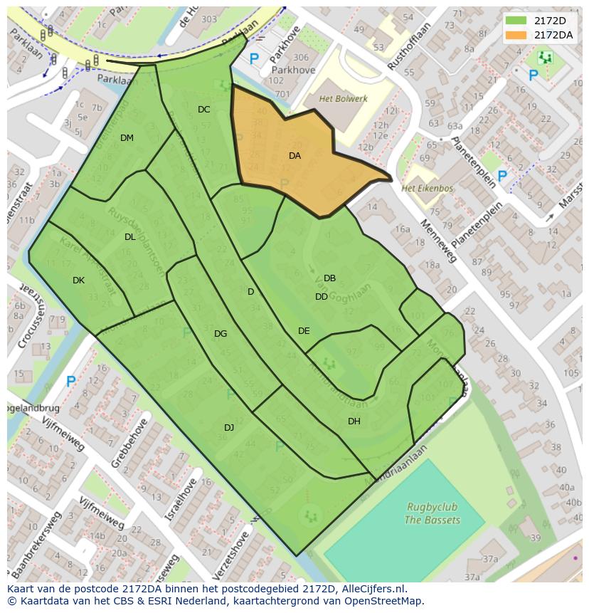 Afbeelding van het postcodegebied 2172 DA op de kaart.
