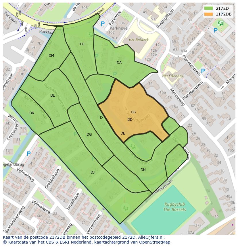 Afbeelding van het postcodegebied 2172 DB op de kaart.