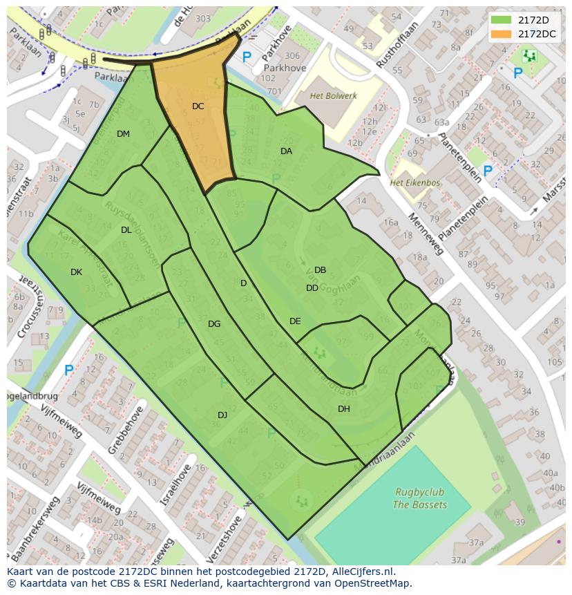 Afbeelding van het postcodegebied 2172 DC op de kaart.