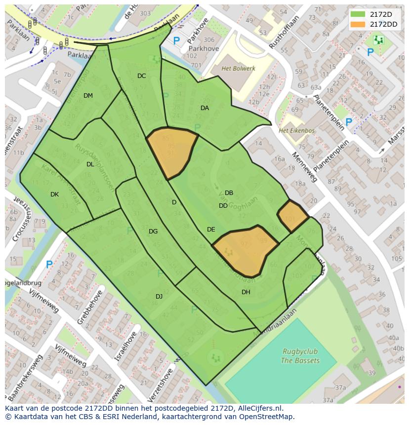 Afbeelding van het postcodegebied 2172 DD op de kaart.