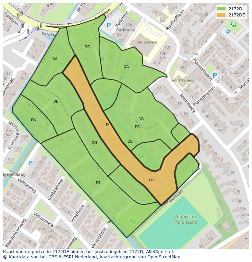 Afbeelding van het postcodegebied 2172 DE op de kaart.