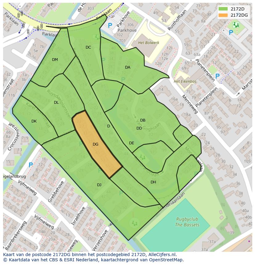 Afbeelding van het postcodegebied 2172 DG op de kaart.