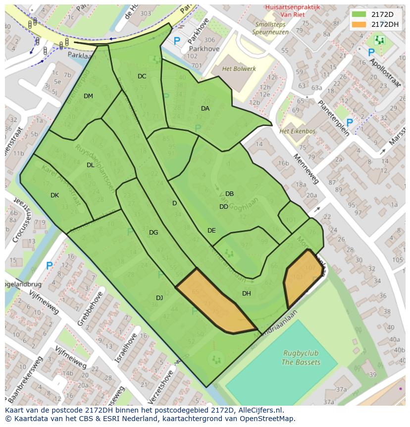 Afbeelding van het postcodegebied 2172 DH op de kaart.