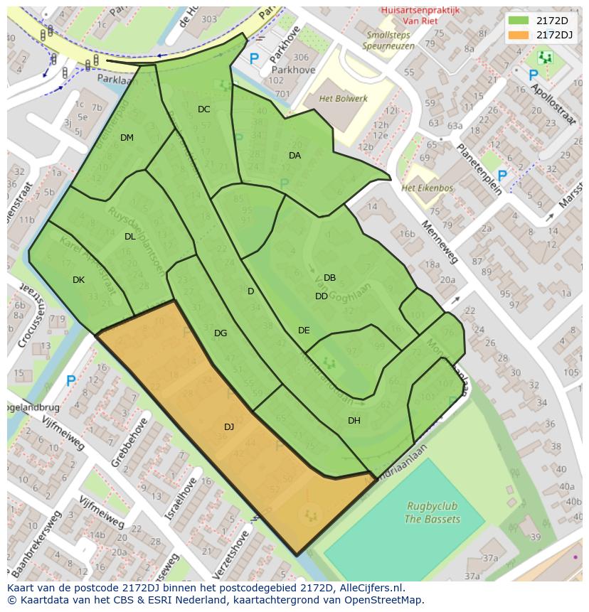 Afbeelding van het postcodegebied 2172 DJ op de kaart.