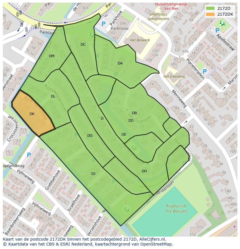 Afbeelding van het postcodegebied 2172 DK op de kaart.