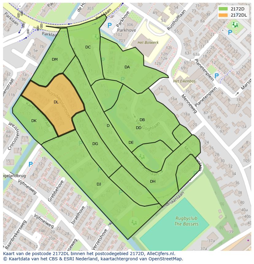 Afbeelding van het postcodegebied 2172 DL op de kaart.