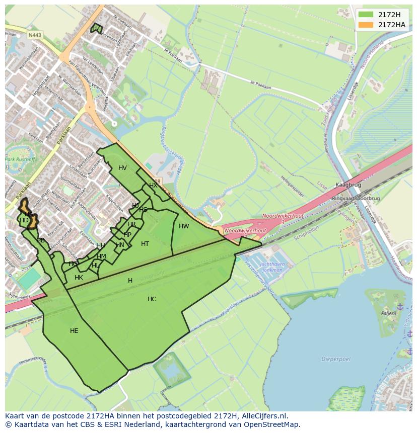 Afbeelding van het postcodegebied 2172 HA op de kaart.