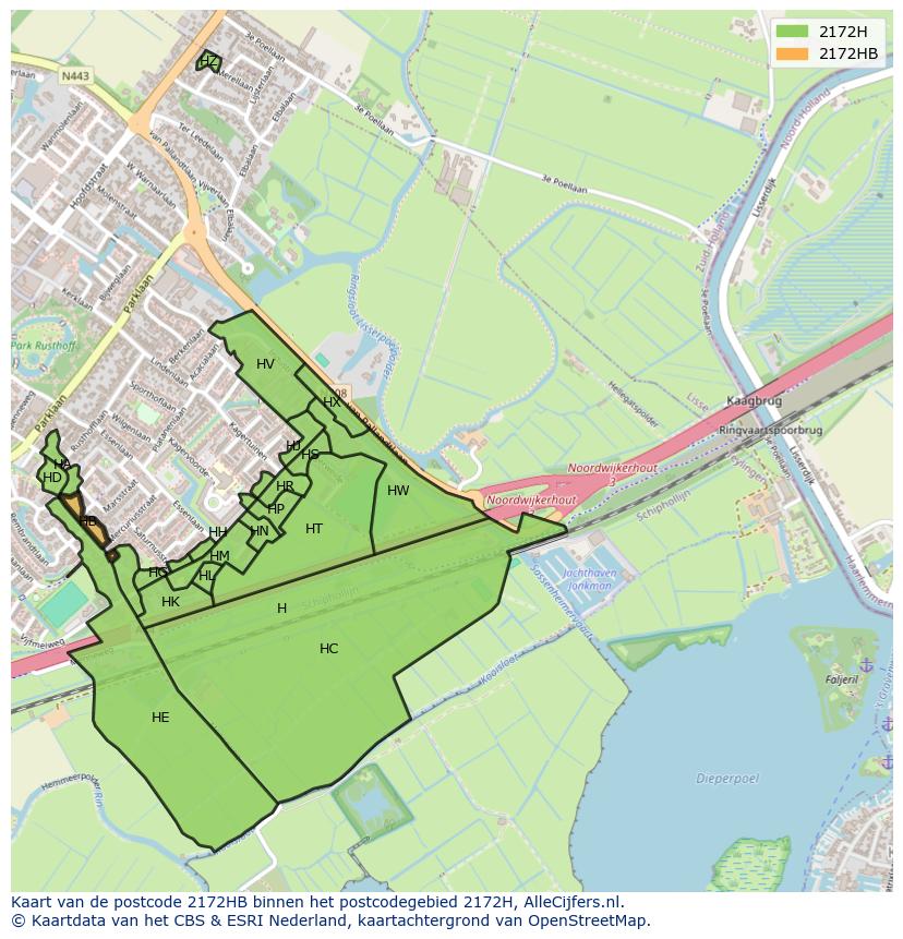 Afbeelding van het postcodegebied 2172 HB op de kaart.