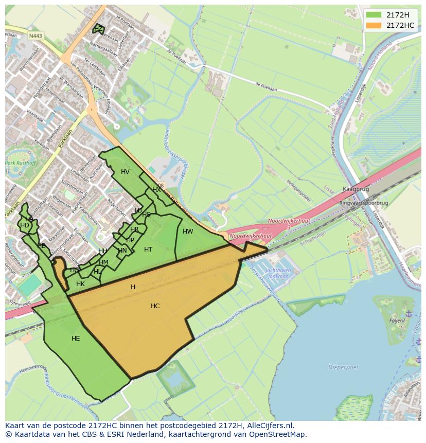 Afbeelding van het postcodegebied 2172 HC op de kaart.