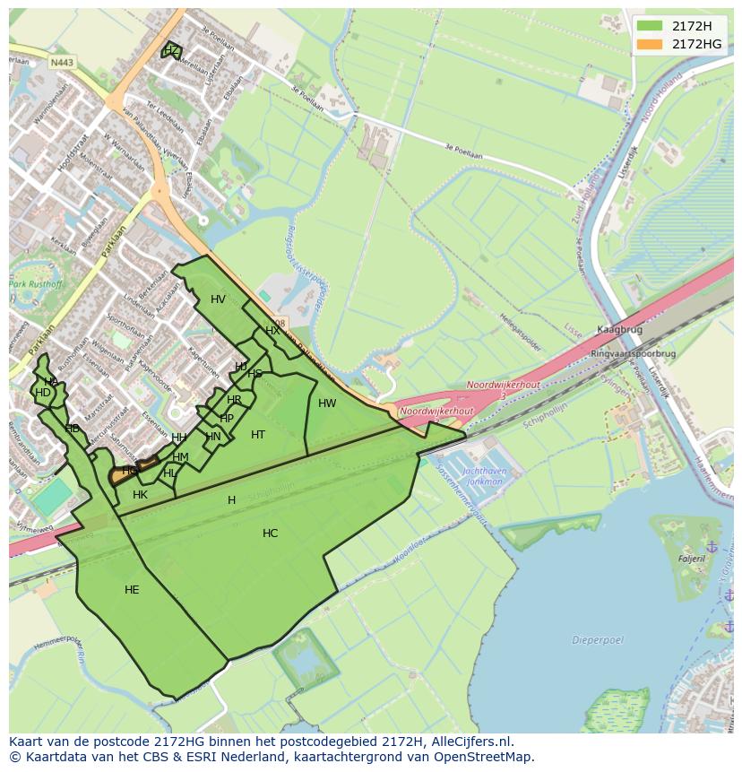 Afbeelding van het postcodegebied 2172 HG op de kaart.