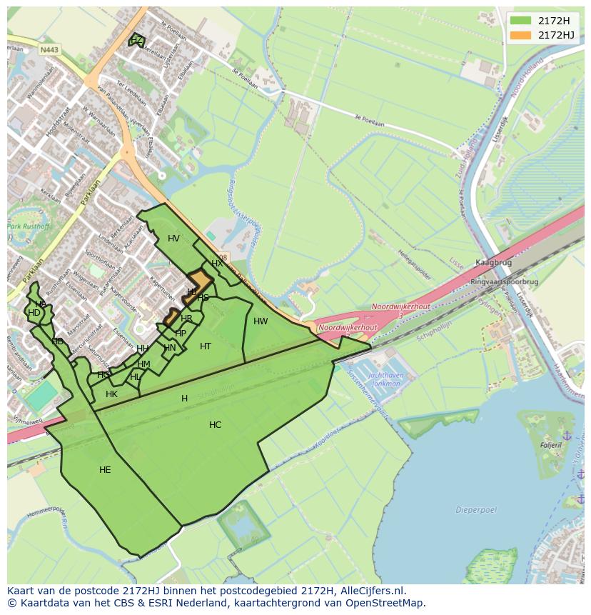 Afbeelding van het postcodegebied 2172 HJ op de kaart.