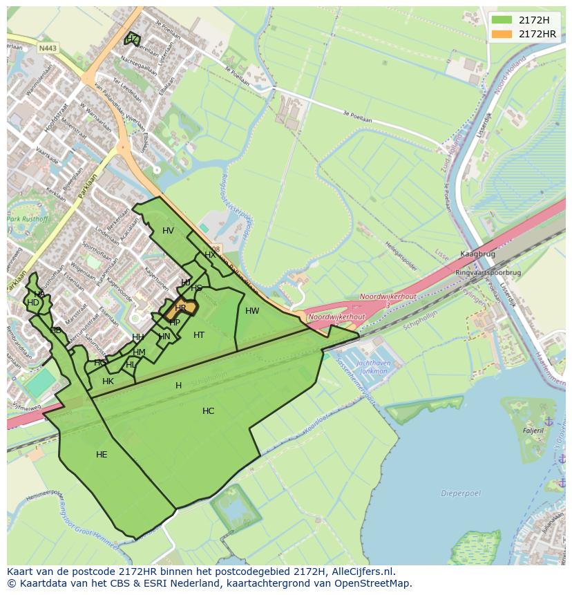 Afbeelding van het postcodegebied 2172 HR op de kaart.