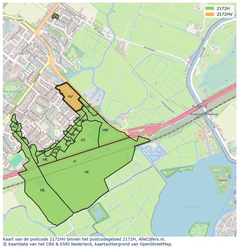 Afbeelding van het postcodegebied 2172 HV op de kaart.