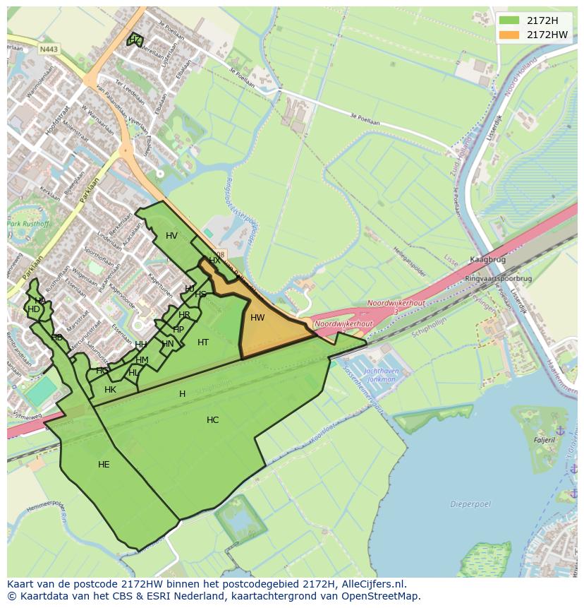 Afbeelding van het postcodegebied 2172 HW op de kaart.