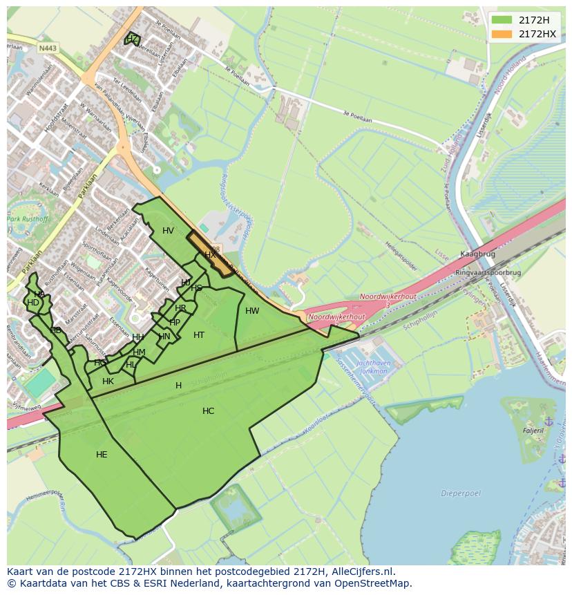 Afbeelding van het postcodegebied 2172 HX op de kaart.