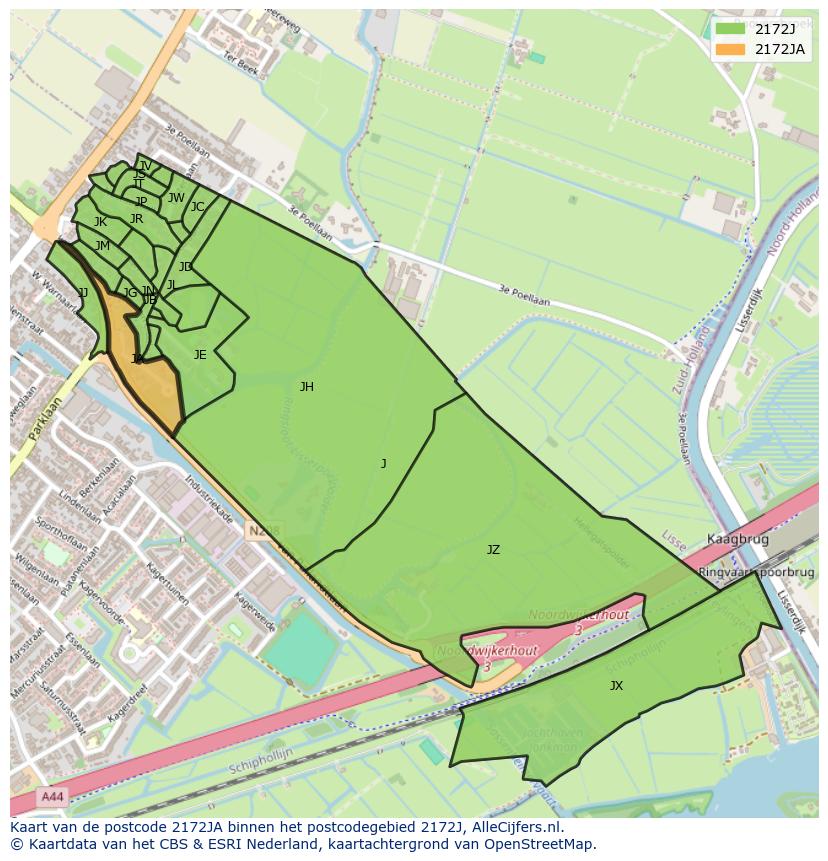 Afbeelding van het postcodegebied 2172 JA op de kaart.