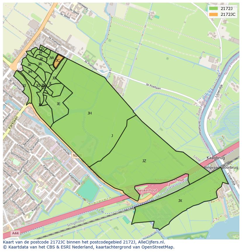 Afbeelding van het postcodegebied 2172 JC op de kaart.