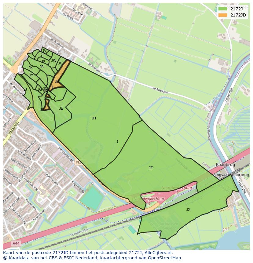 Afbeelding van het postcodegebied 2172 JD op de kaart.