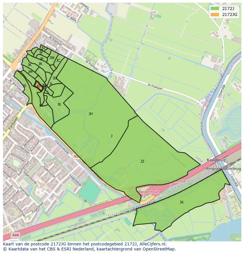 Afbeelding van het postcodegebied 2172 JG op de kaart.