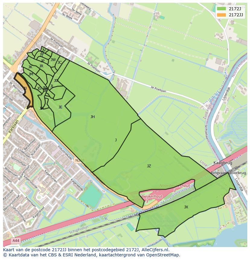 Afbeelding van het postcodegebied 2172 JJ op de kaart.
