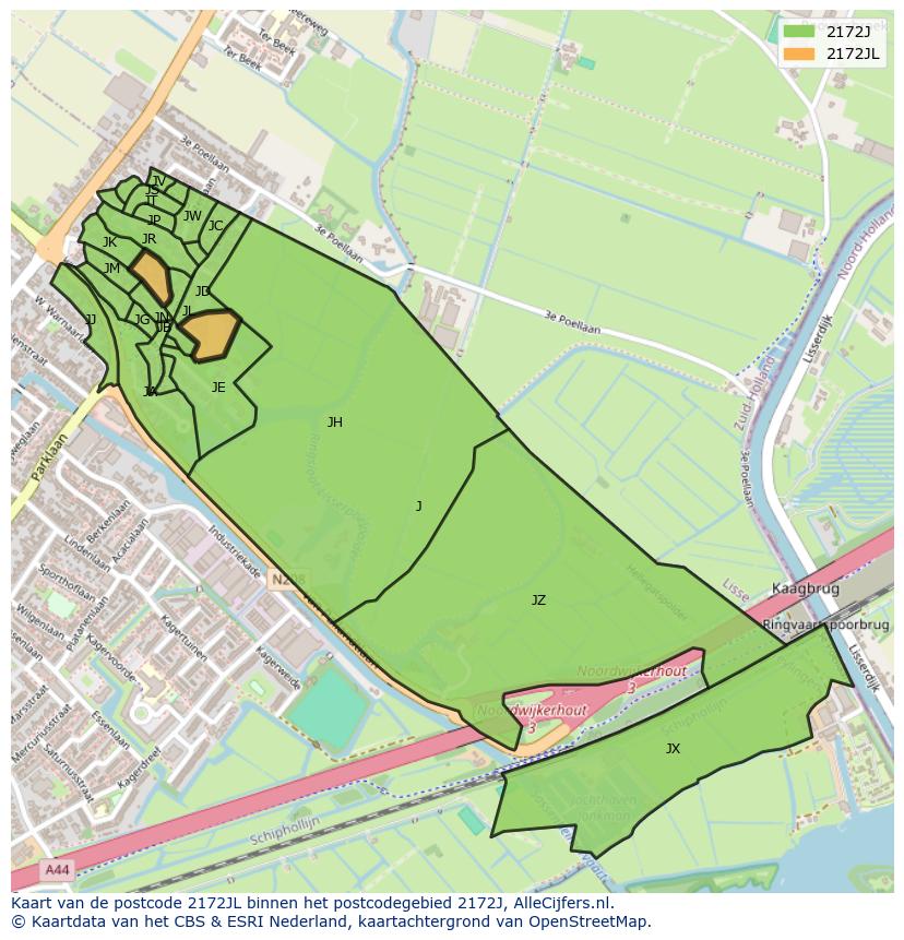 Afbeelding van het postcodegebied 2172 JL op de kaart.
