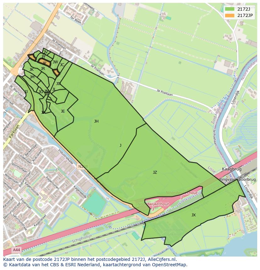 Afbeelding van het postcodegebied 2172 JP op de kaart.