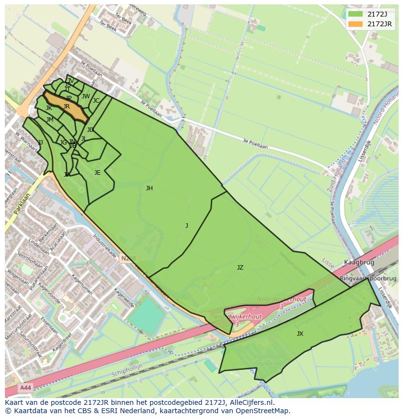 Afbeelding van het postcodegebied 2172 JR op de kaart.