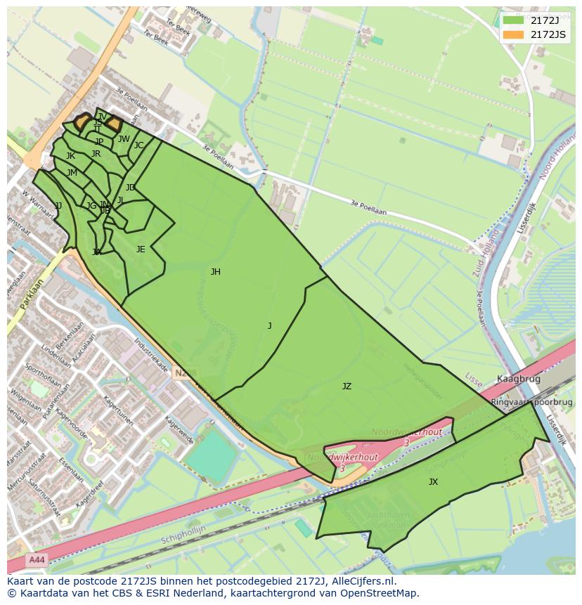 Afbeelding van het postcodegebied 2172 JS op de kaart.
