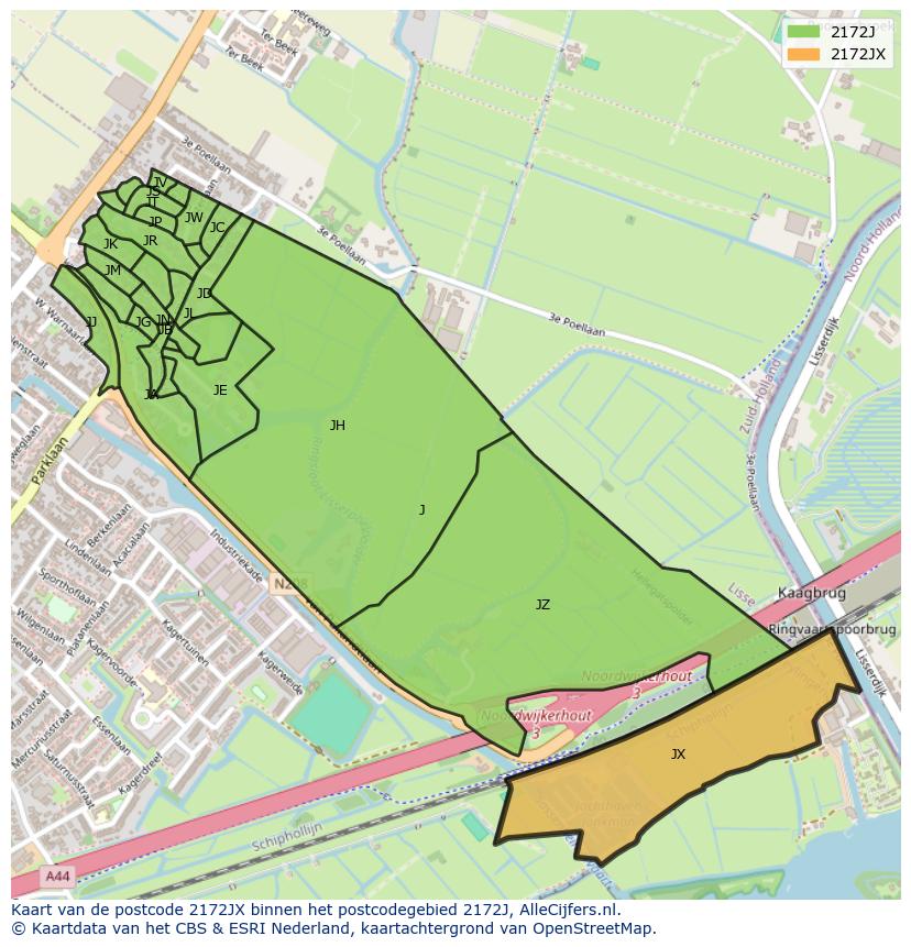 Afbeelding van het postcodegebied 2172 JX op de kaart.
