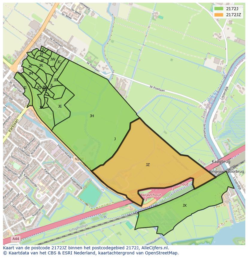 Afbeelding van het postcodegebied 2172 JZ op de kaart.