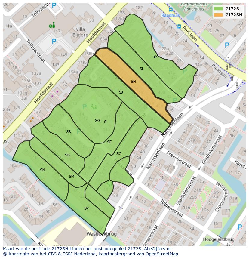 Afbeelding van het postcodegebied 2172 SH op de kaart.